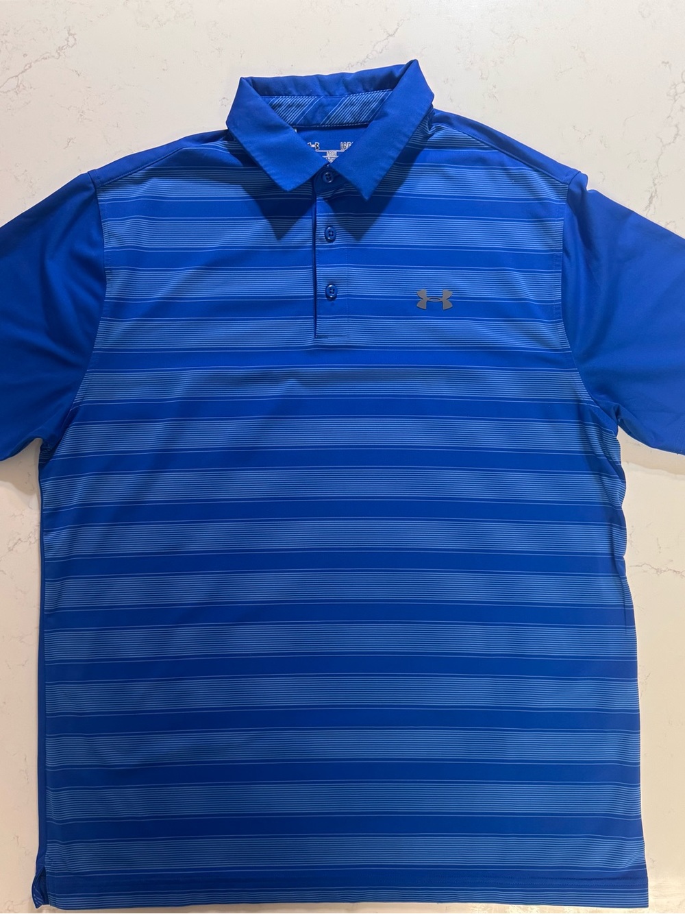Under Armour HeatGear Polo Shirt Mens LG Blue Striped Golf Performance Loose Fit